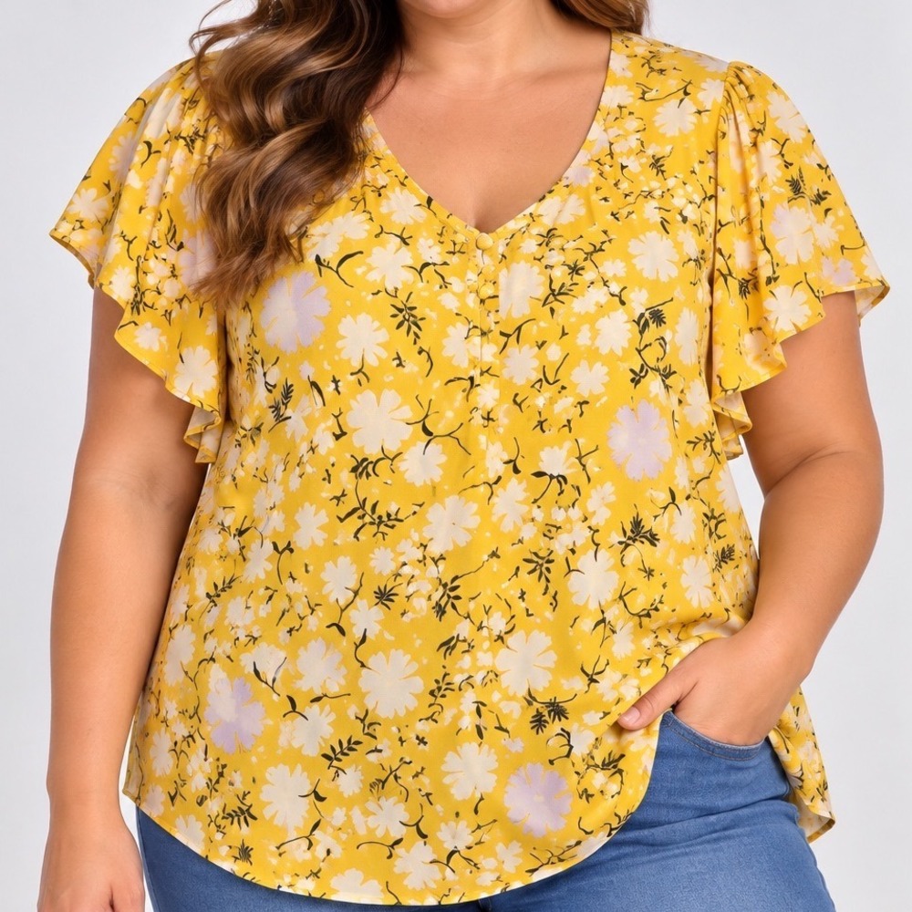 Premise Woman 2X Yellow Floral Blouse Flutter Sleeve Button Front Cottagecore